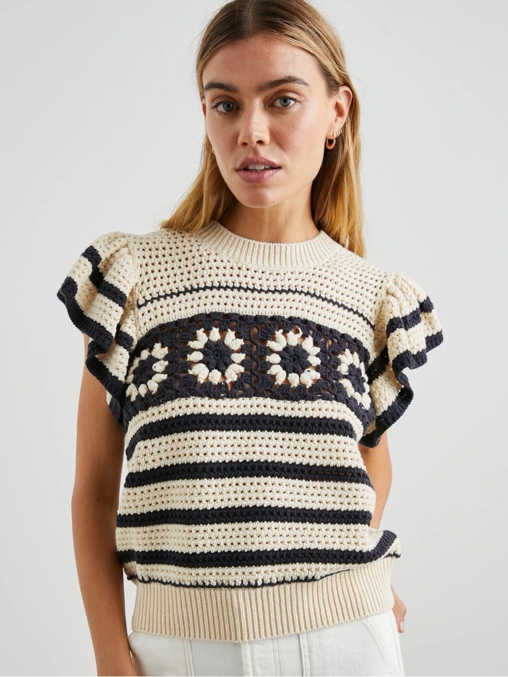 Rails cream and navy crochet sweater